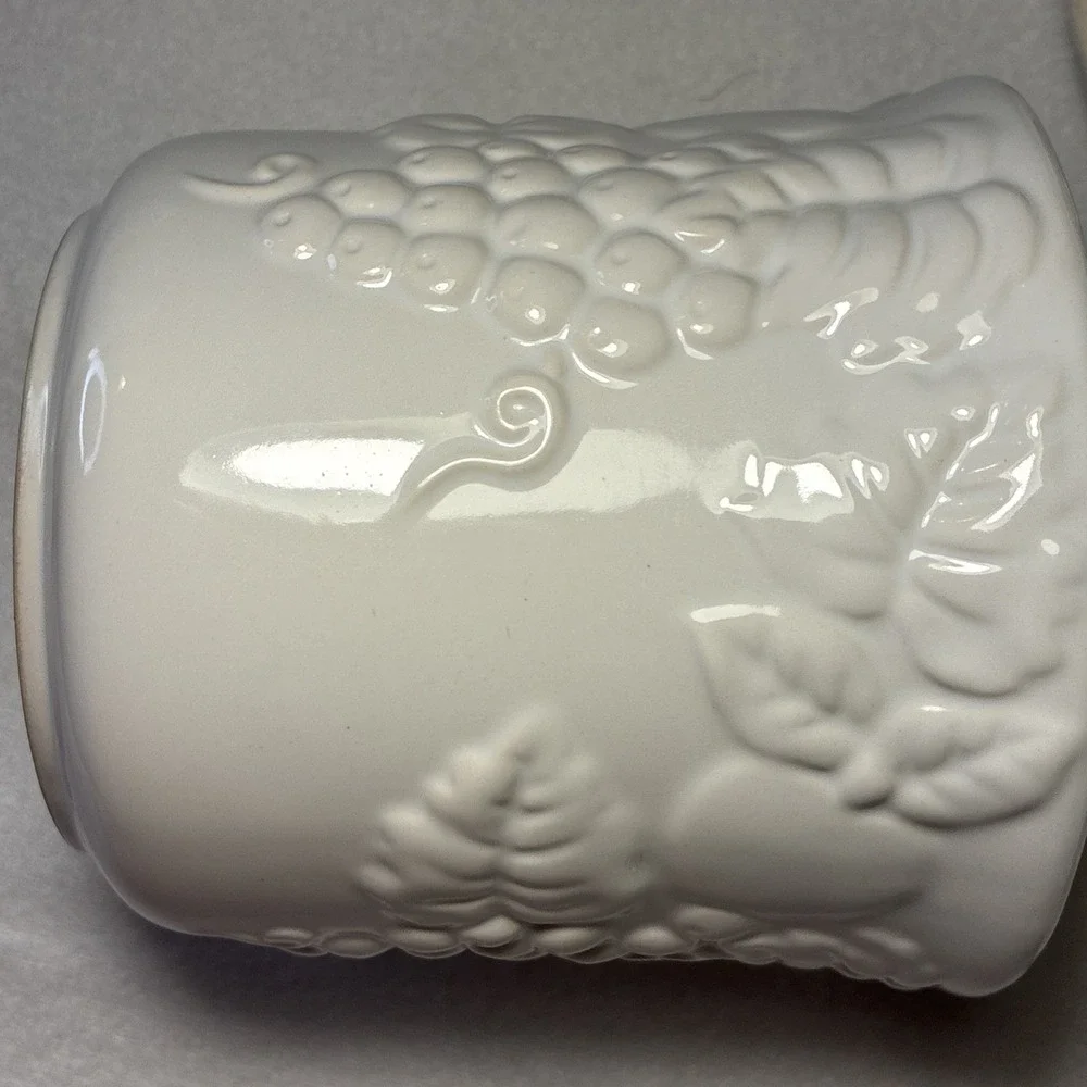 Set of  4 Vintage White Lidded Ceramic Canisters,  Grapevine and Strawberry Lid.